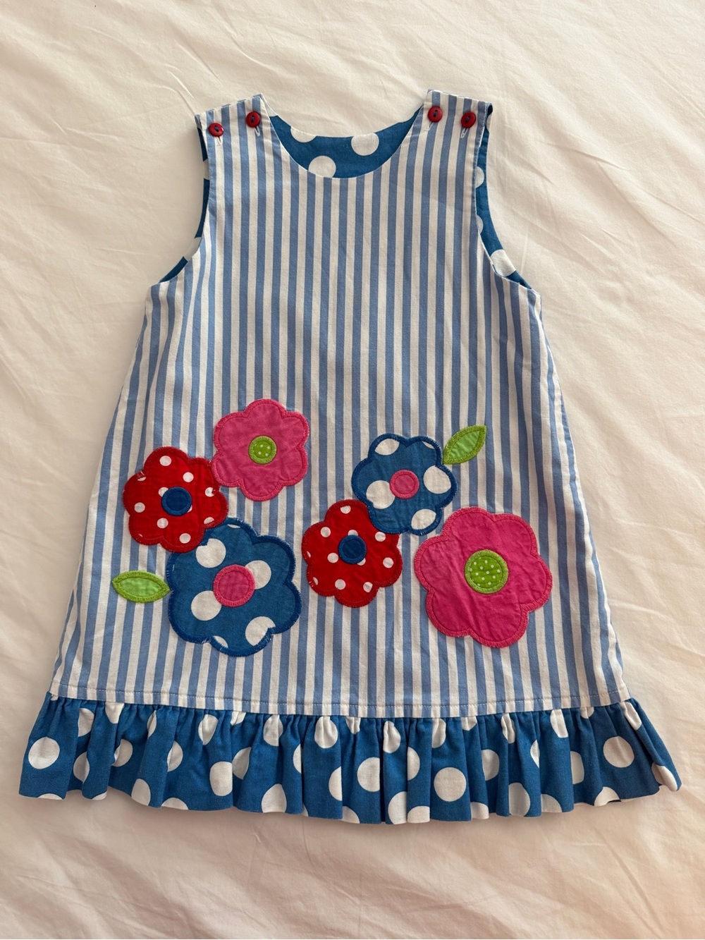 Girls Blue Stripe Floral Applique Dress